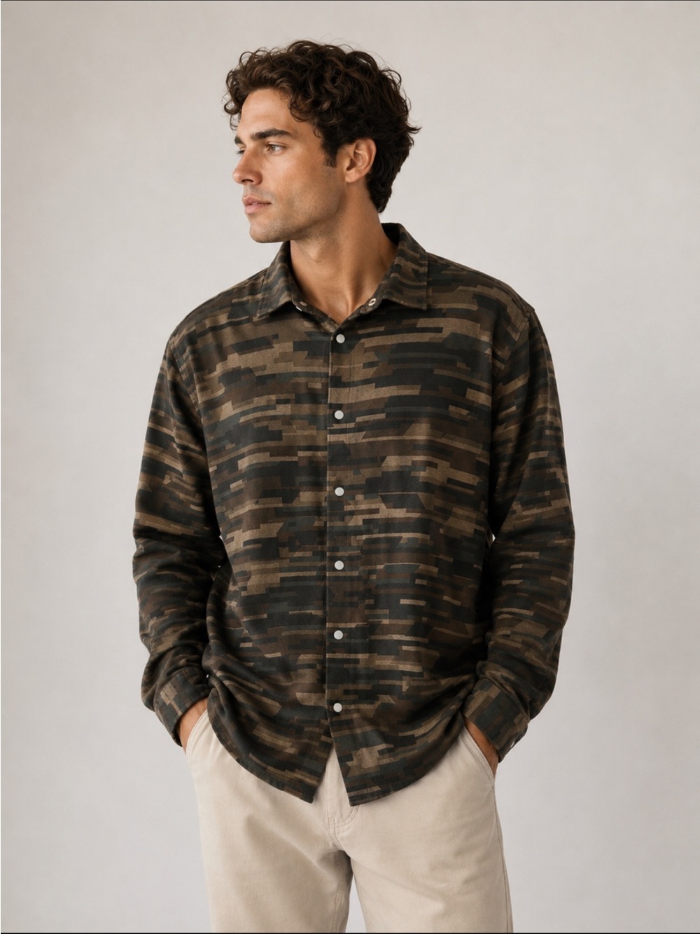 Zara Man Camouflage Camo Knit Snap Button Shirt Long Sleeve Size Large Earthy